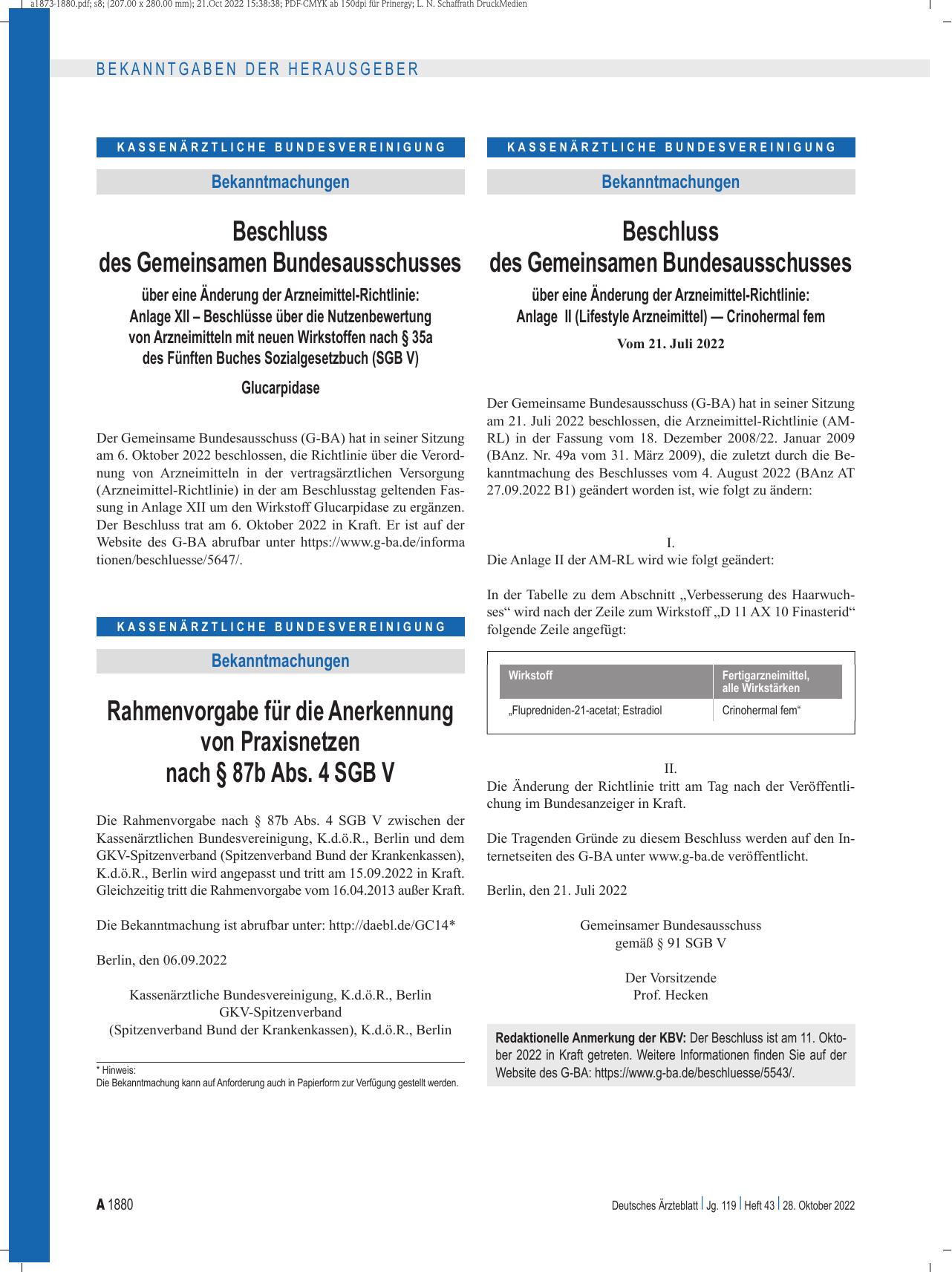 Vorschauseite 1: Beschluss des Gemeinsamen Bundesausschusses über eine Änderung der Arzneimittel-Richtlinie: Anlage XII – Glucarpidase