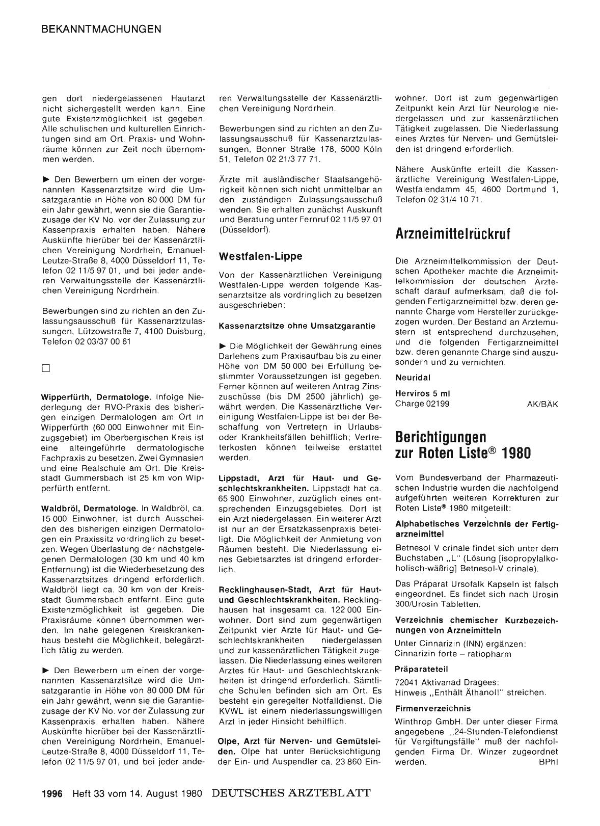 Vorschauseite 1: Berichtigungen AK/BÄK zur Roten Liste® 1980