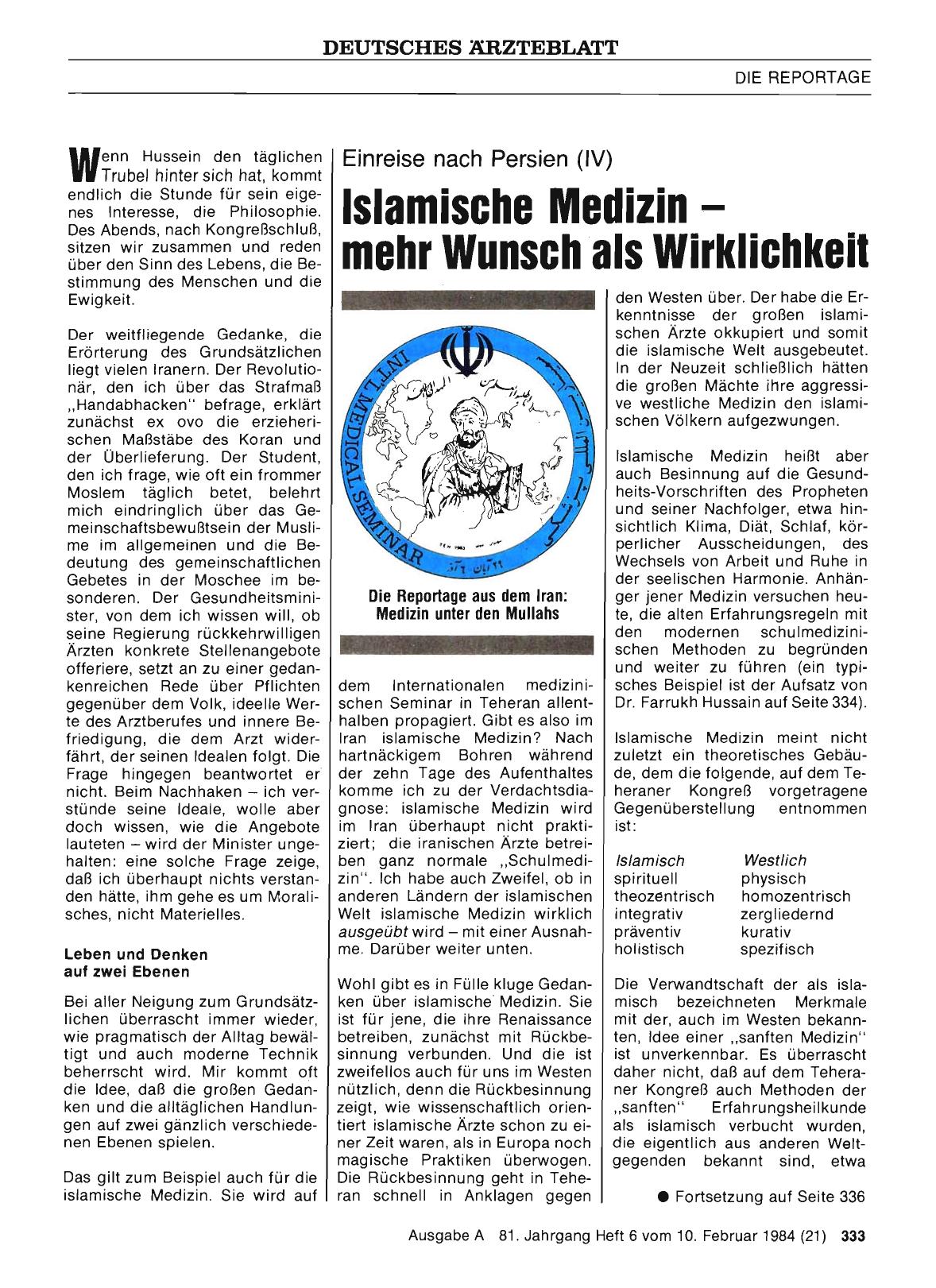 Vorschauseite 1: Islamische Medizin — mehr Wunsch als Wirklichkeit: Einreise nach Persien (IV)