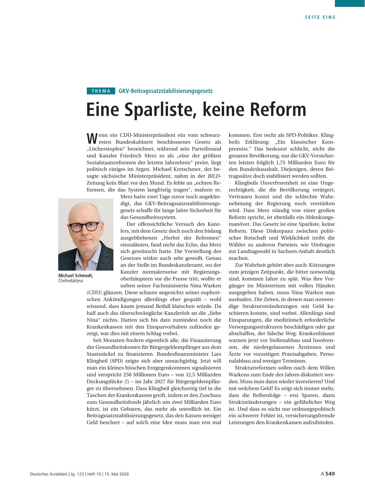 Vorschauseite 1: GKV-Beitragssatzstabilisierungsgesetz: Eine Sparliste, keine Reform