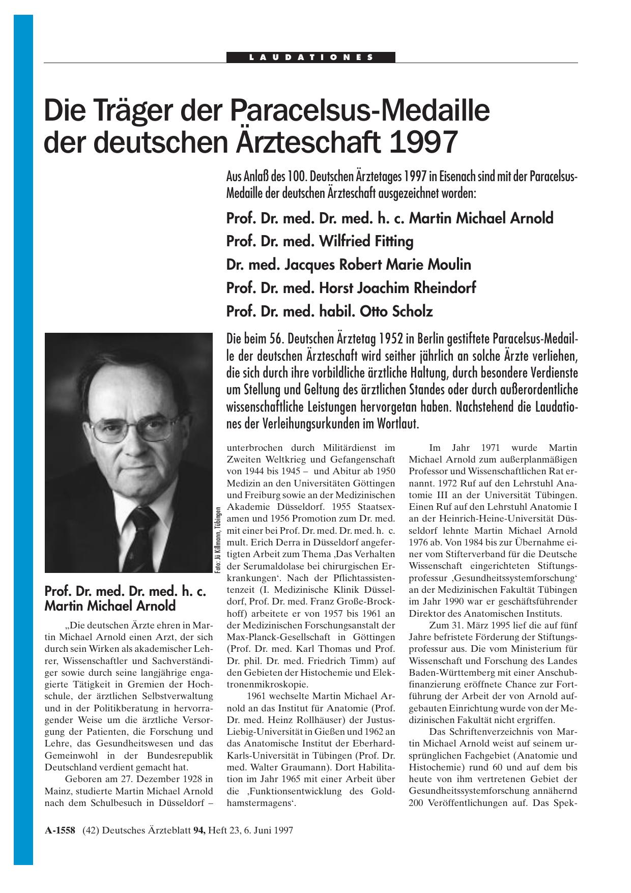 Vorschauseite 1: Die Träger der Paracelsus-Medaille der deutschen Ärzteschaft 1997