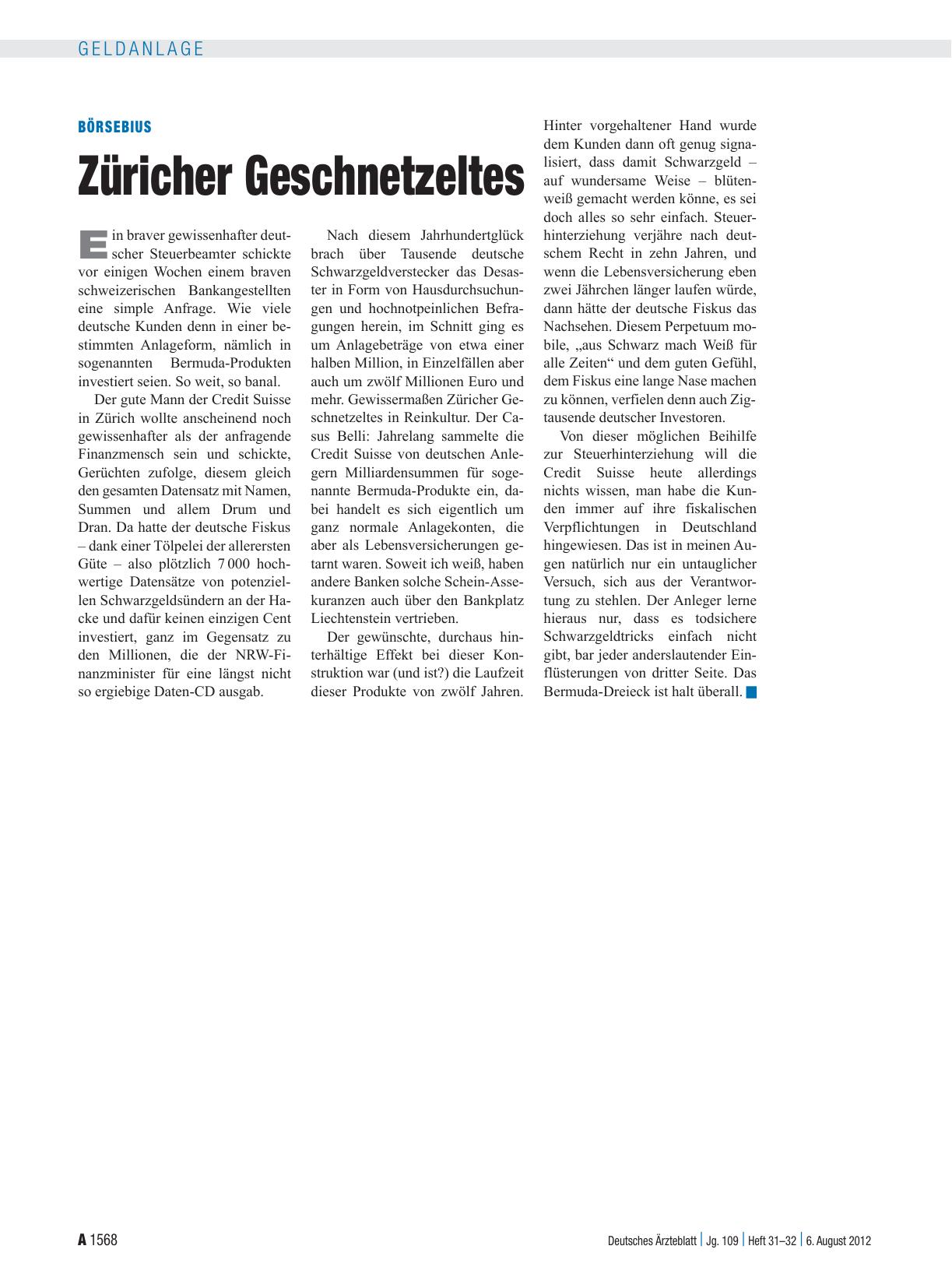 Vorschauseite 1: Börsebius: Züricher Geschnetzeltes