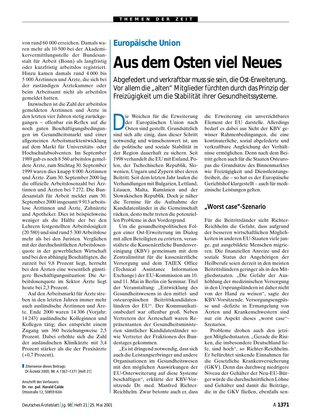 Vorschauseite 1: Europäische Union: Aus dem Osten viel Neues