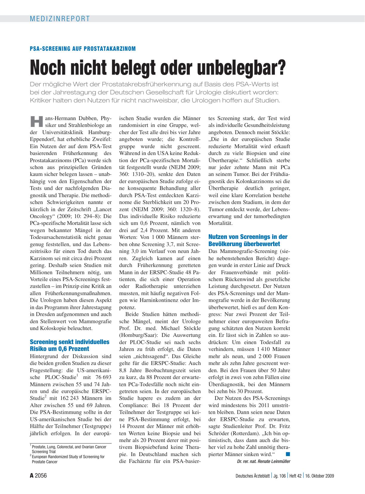 Vorschauseite 1: PSA-Screening auf Prostatakarzinom: Noch nicht belegt oder unbelegbar?
