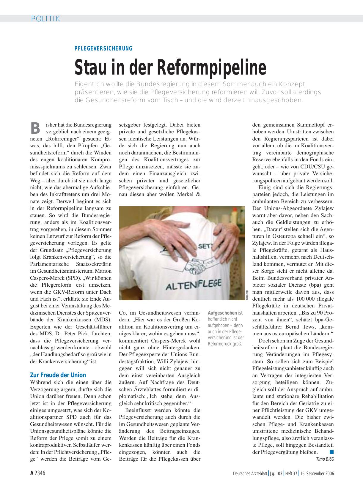 Vorschauseite 1: Pflegeversicherung: Stau in der Reformpipeline