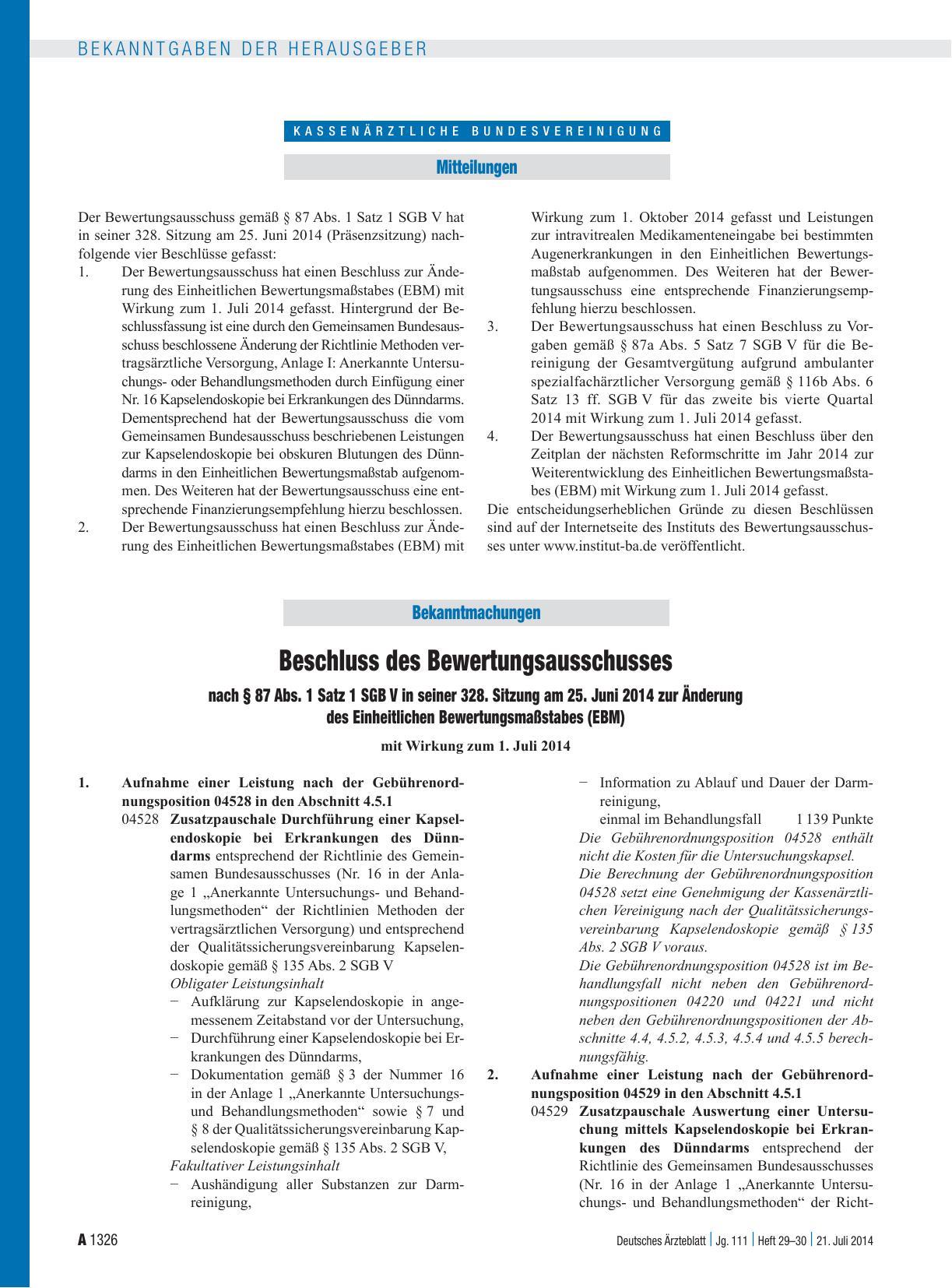 Vorschauseite 1: Beschluss des Bewertungsausschusses nach § 87 Abs. 1 Satz 1 SGB V in seiner 328. Sitzung am 25. Juni 2014 zur Änderung des Einheitlichen Bewertungsmaßstabes (EBM)