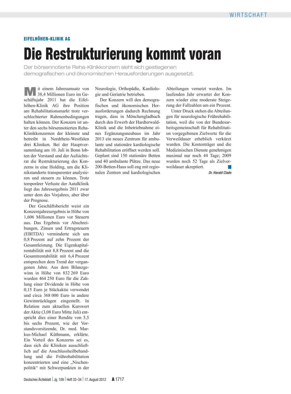 Vorschauseite 1: Eifelhöhen-Klinik AG: Die Restrukturierung kommt voran