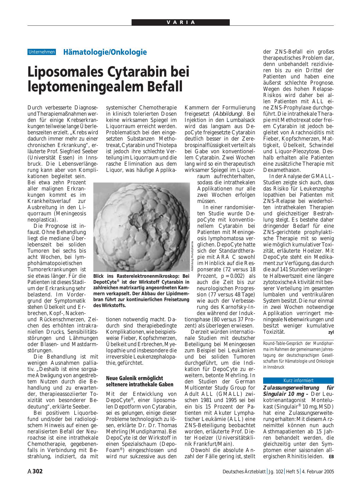 Vorschauseite 1: Hämatologie/Onkologie: Liposomales Cytarabin bei leptomeningealem Befall