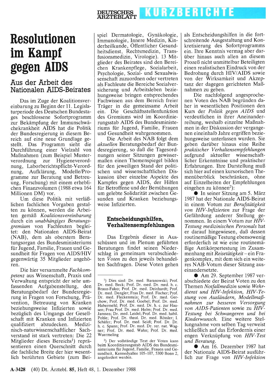 Vorschauseite 1: Resolutionen im Kampf gegen AIDS: Aus der Arbeit des Nationalen AIDS-Beirates