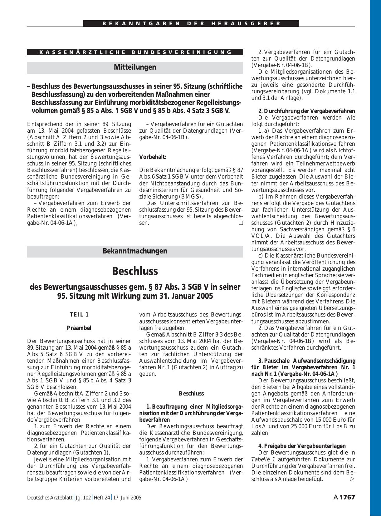 Vorschauseite 1: Bekanntmachungen: Beschluss des Bewertungsausschusses gem. § 87 Abs. 3 SGB V in seiner 95. Sitzung mit Wirkung zum 31. Januar 2005