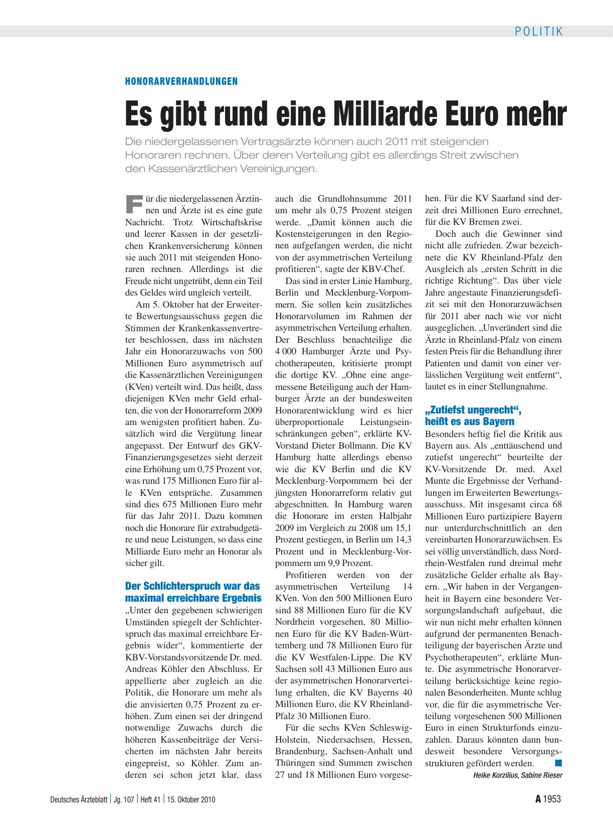 Vorschauseite 1: Honorarverhandlungen: Es gibt rund eine Milliarde Euro mehr