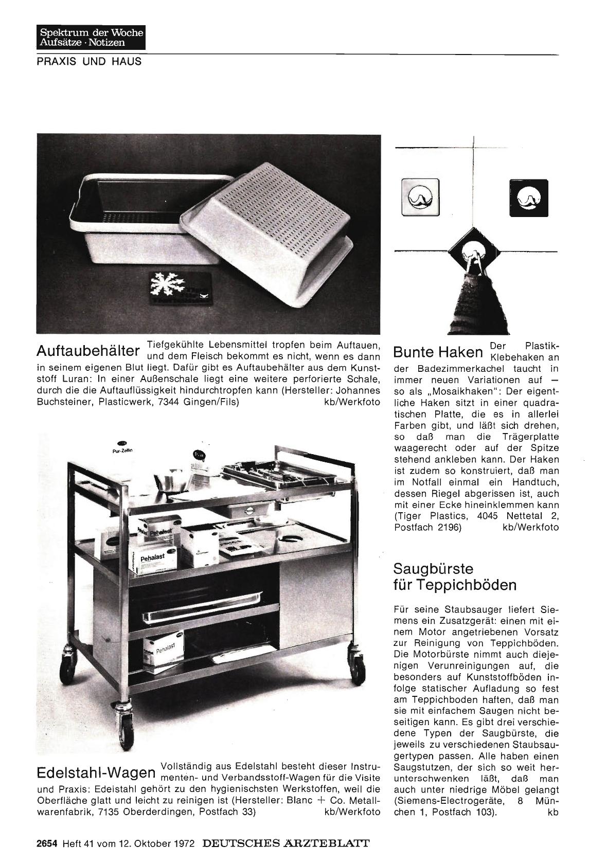 Vorschauseite 1: Auftaubehälter / Edelstahl-Wagen / Bunte Haken / Saugbürste für Teppichböden