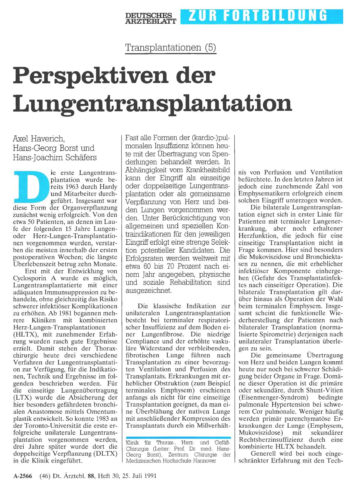 Vorschauseite 1: Transplantationen (5): Perspektiven der Lungentransplantation