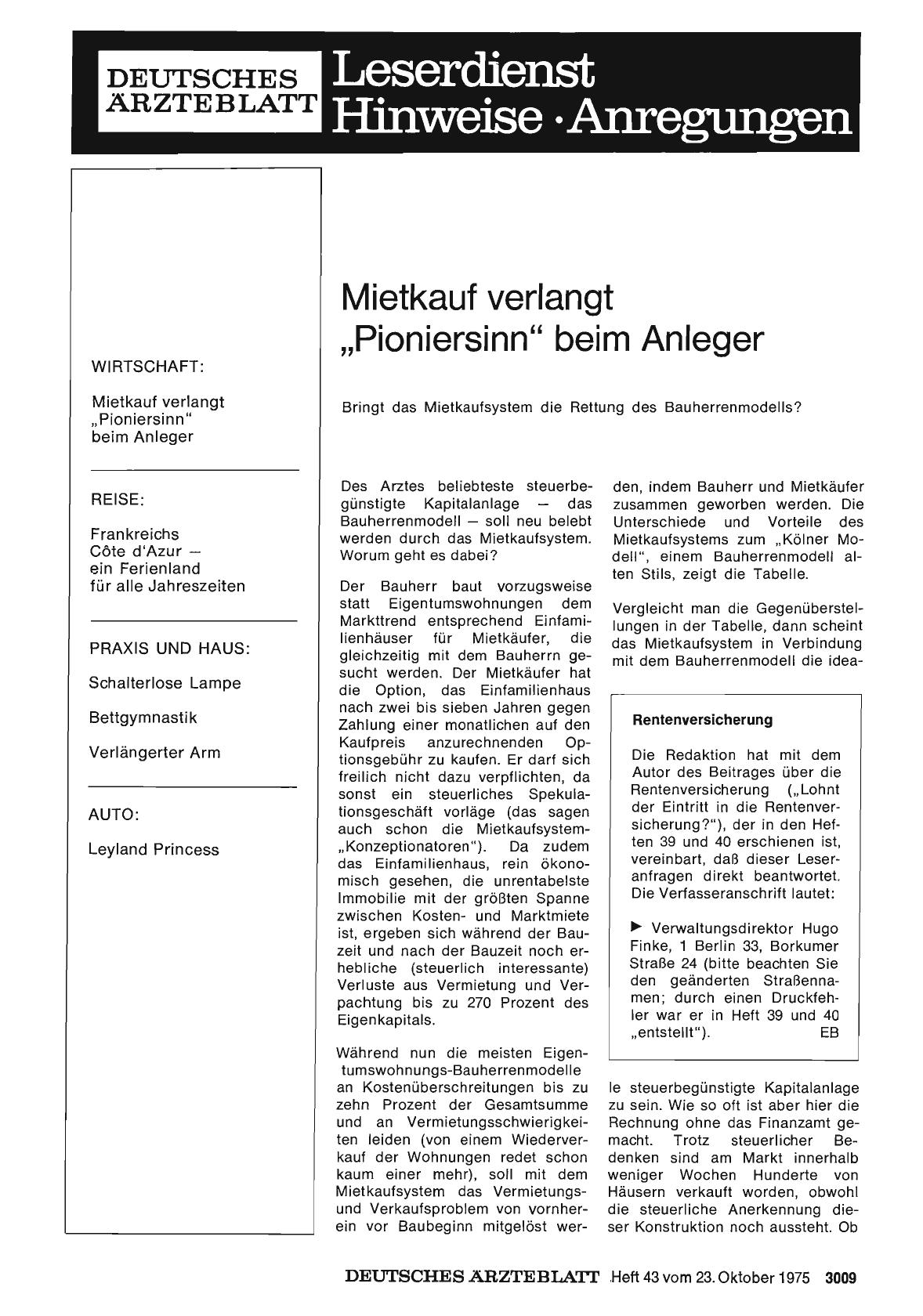 Vorschauseite 1: Mietkauf verlangt „Pioniersinn“ beim Anleger: Bringt das Mietkaufsystem die Rettung des Bauherrenmodells?