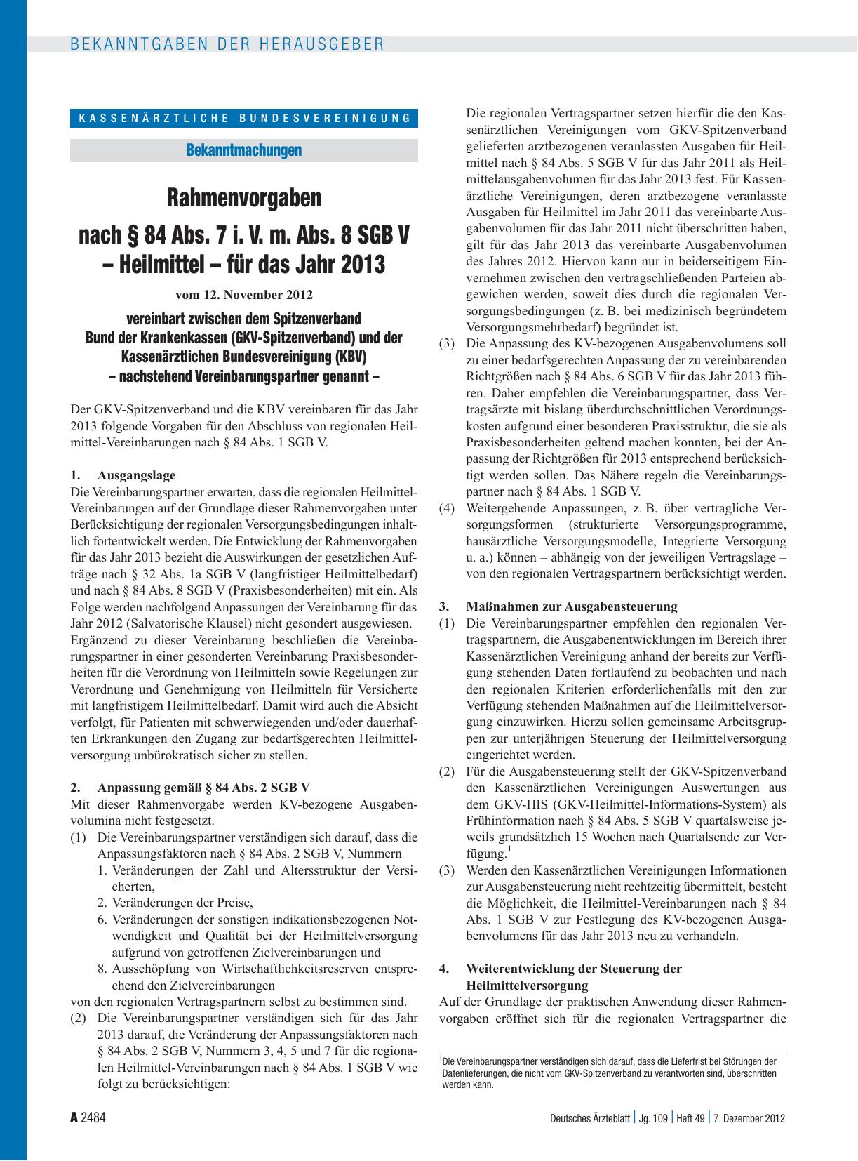Vorschauseite 1: Rahmenvorgaben nach § 84 Abs. 7 i. V. m. Abs. 8 SGB V – Heilmittel – für das Jahr 2013 vereinbart zwischen dem Spitzenverband Bund der Krankenkassen (GKV-Spitzenverband) und der K…