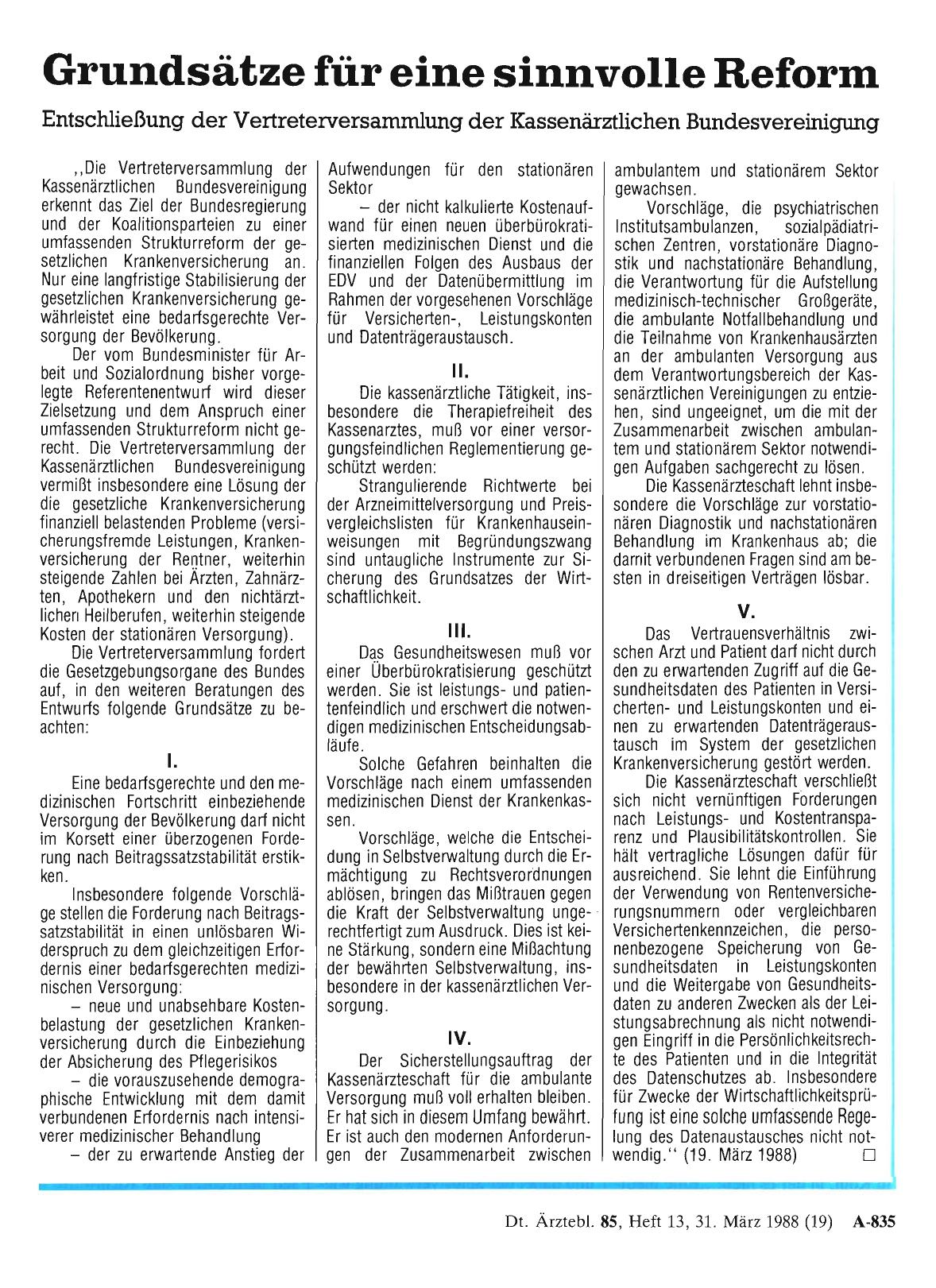 Vorschauseite 1: Entschließung der Vertreterversammlung der Kassenärztlichen Bundesvereinigung: Grundsätze für eine sinnvolle Reform