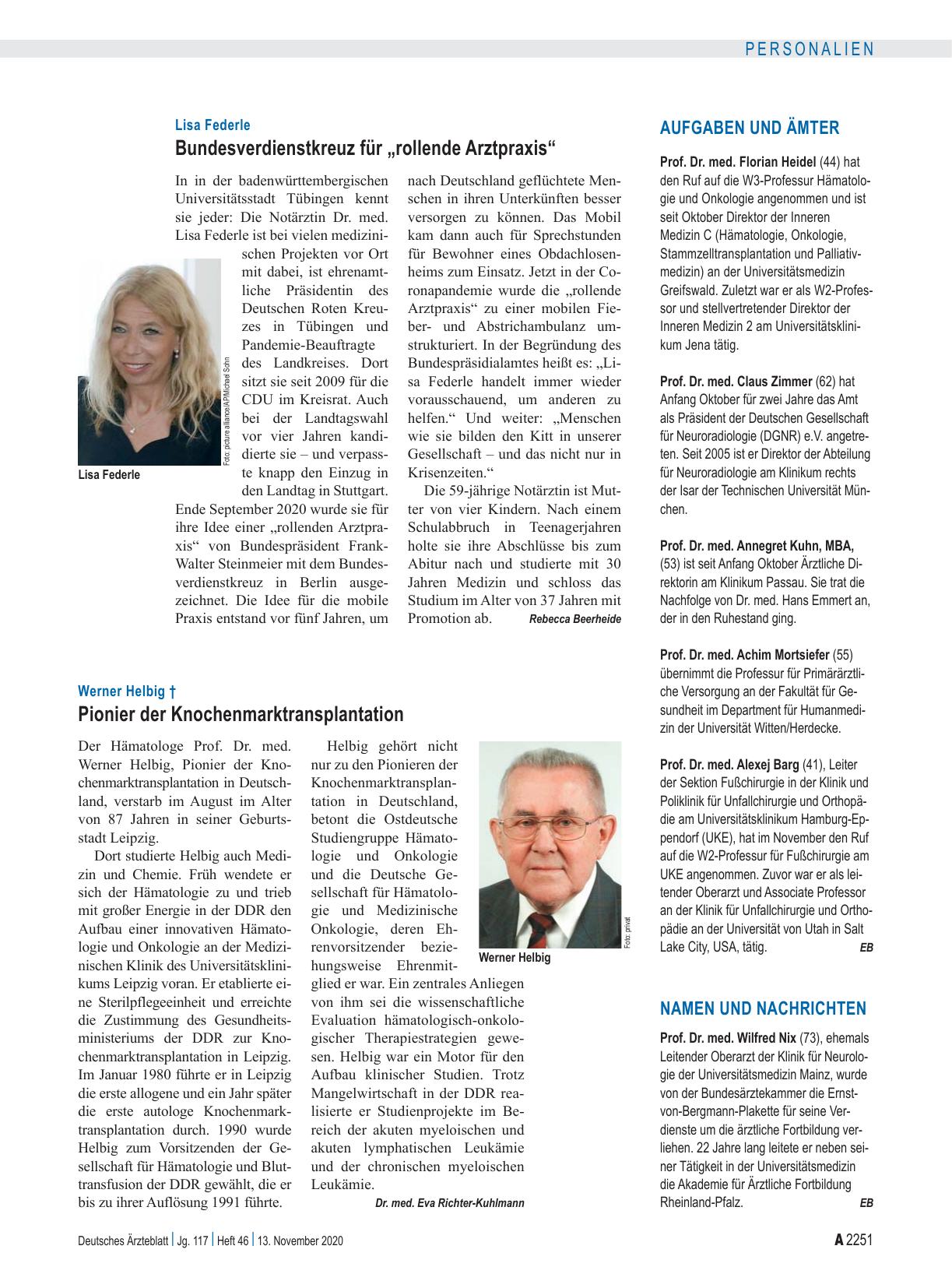 Vorschauseite 1: Werner Helbig †: Pionier der Knochenmarktransplantation