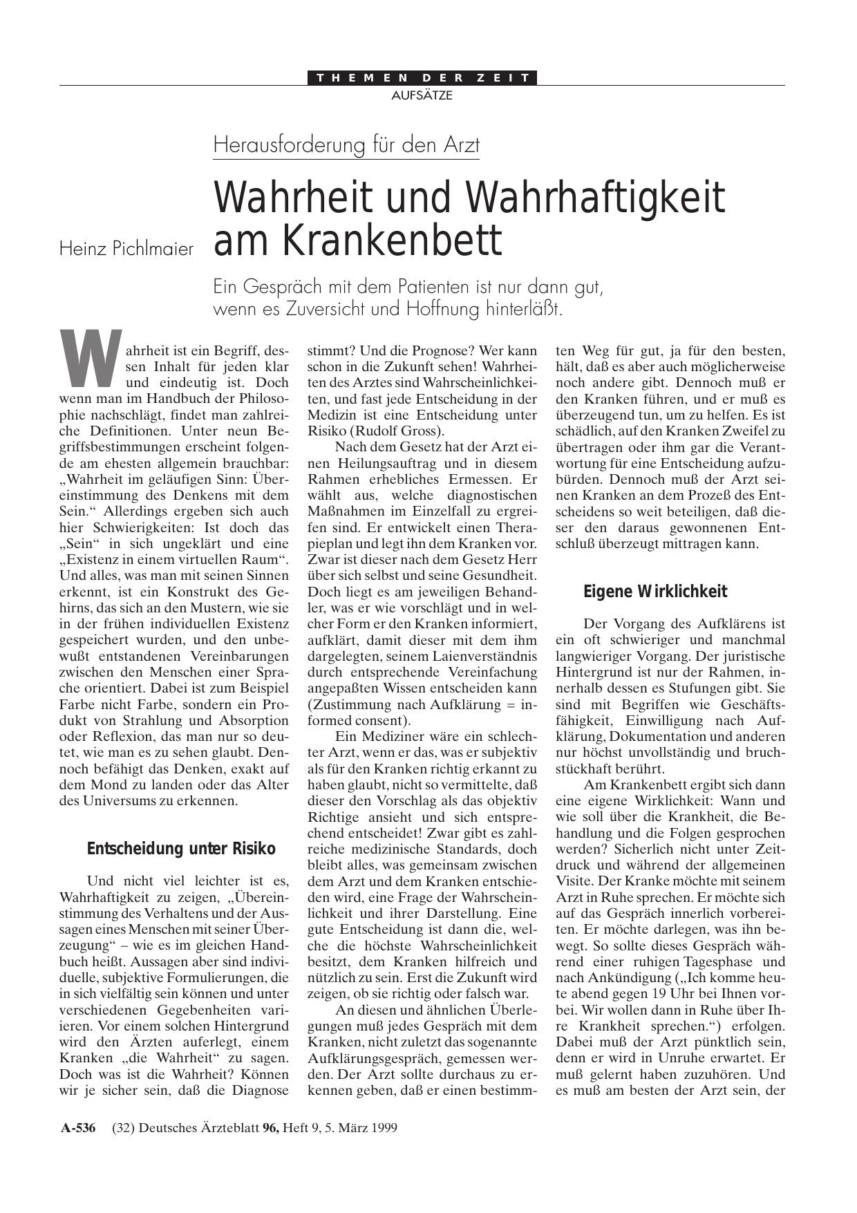 Vorschauseite 1: Herausforderung für den Arzt: Wahrheit und Wahrhaftigkeit am Krankenbett