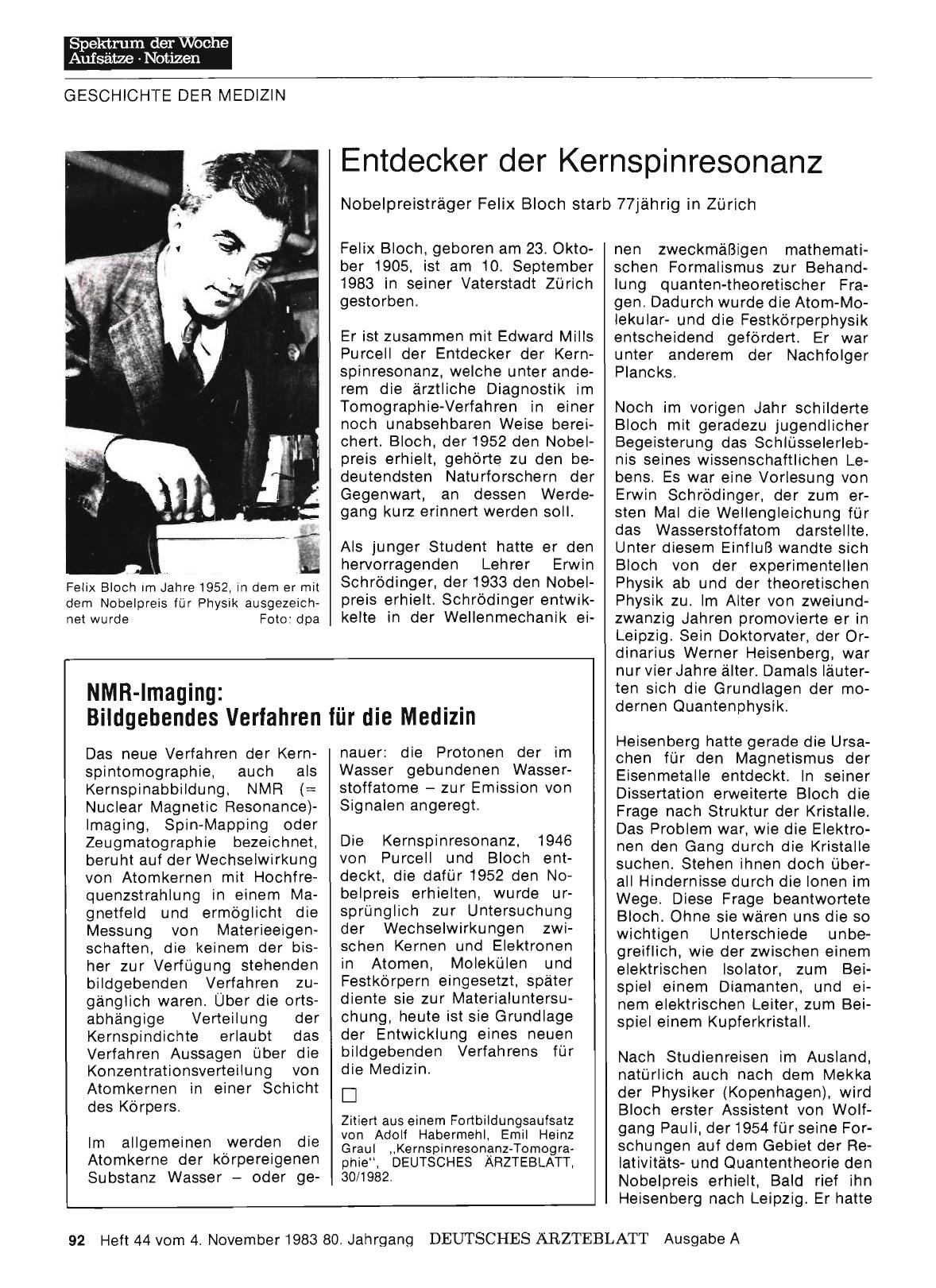 Vorschauseite 1: Entdecker der Kernspinresonanz: Nobelpreisträger Felix Bloch starb 77jährig in Zürich