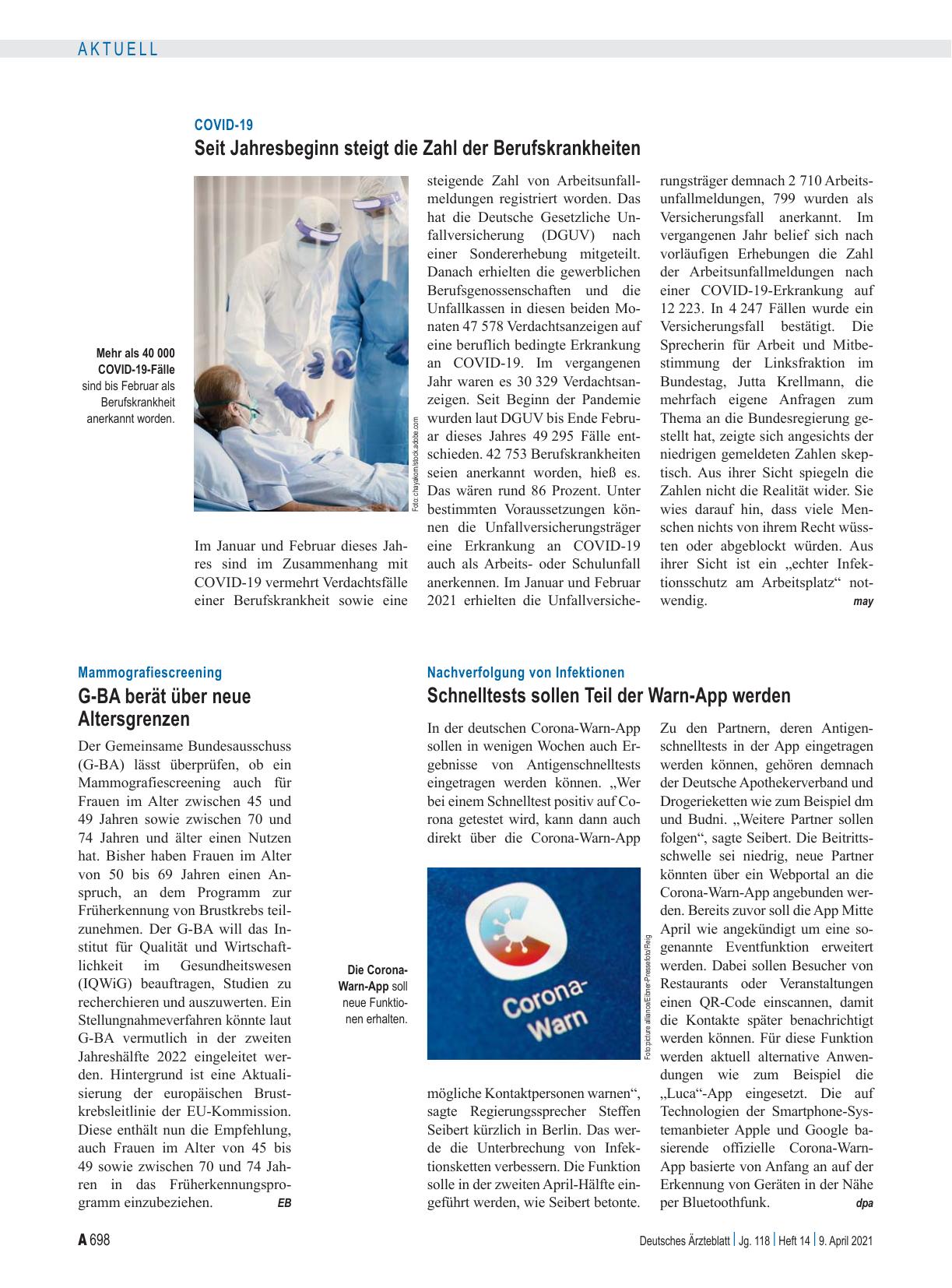 Vorschauseite 1: COVID-19: Seit Jahresbeginn steigt die Zahl der Berufskrankheiten