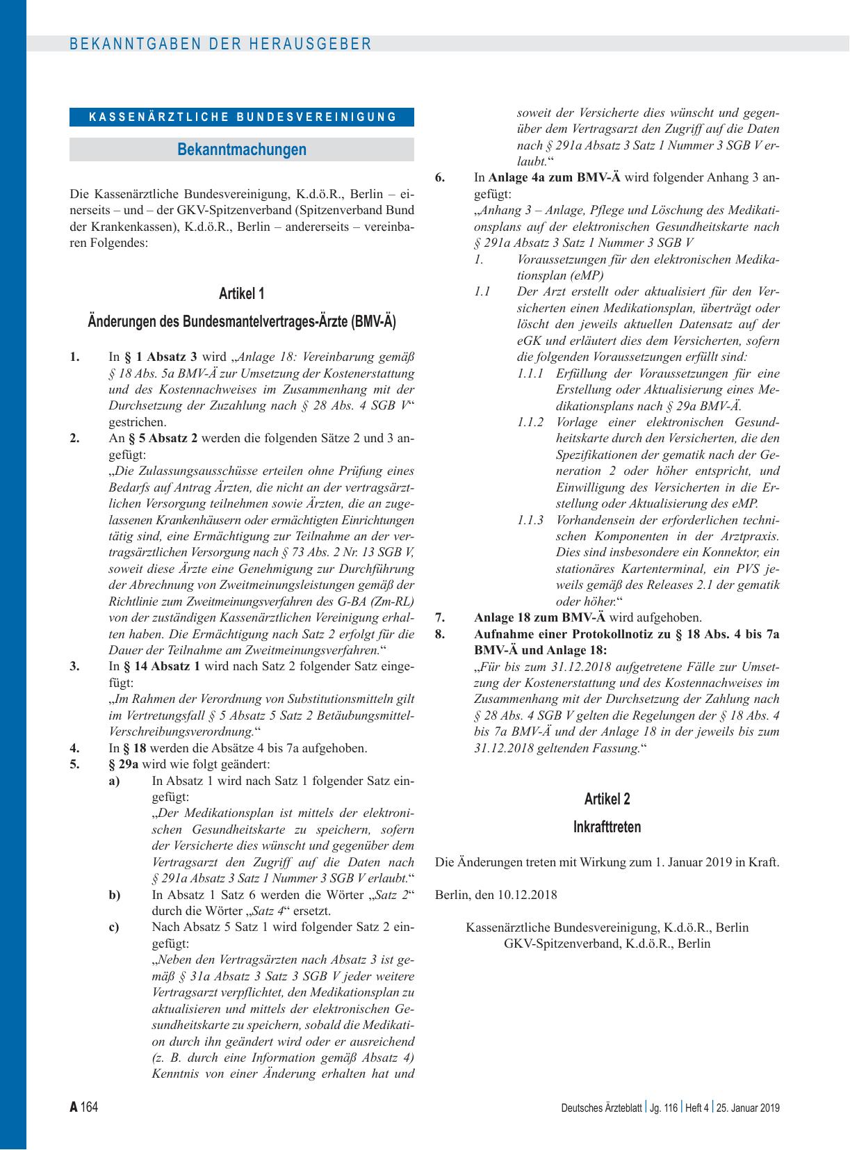 Vorschauseite 1: Artikel 1, Änderungen des Bundesmantelvertrages-Ärzte (BMV-Ä), Artikel 2, Inkrafttreten