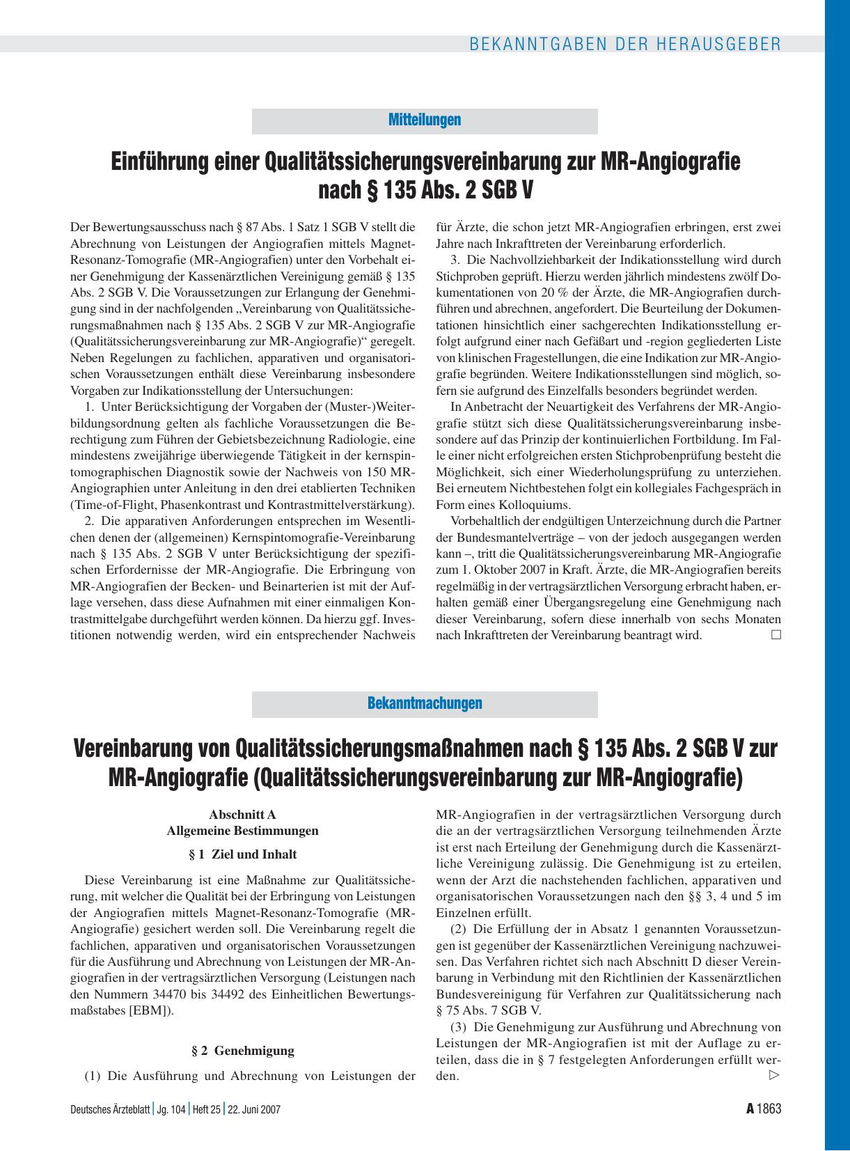 Vorschauseite 1: Vereinbarung von Qualitätssicherungsmaßnahmen nach § 135 Abs. 2 SGB V zur MR-Angiografie (Qualitätssicherungsvereinbarung zur MR-Angiografie)