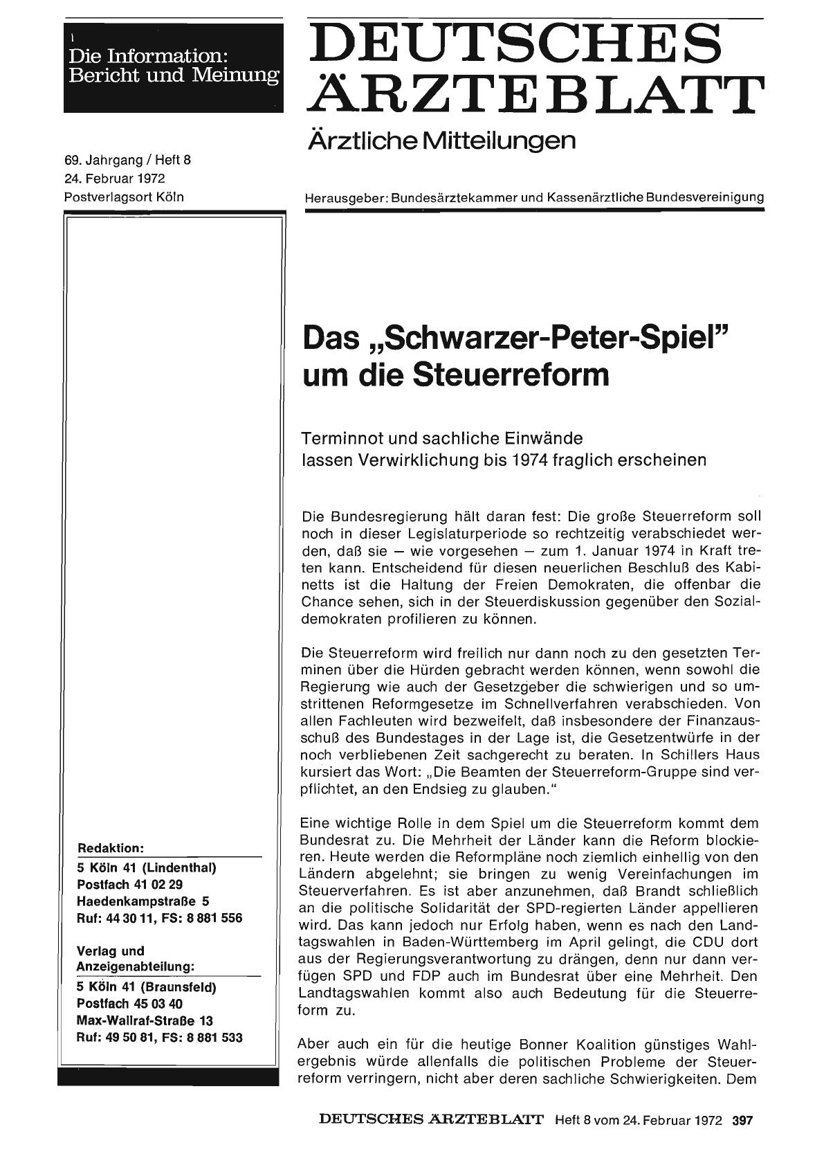 Vorschauseite 1: Das „Schwarzer-Peter-Spiel" um die Steuerreform