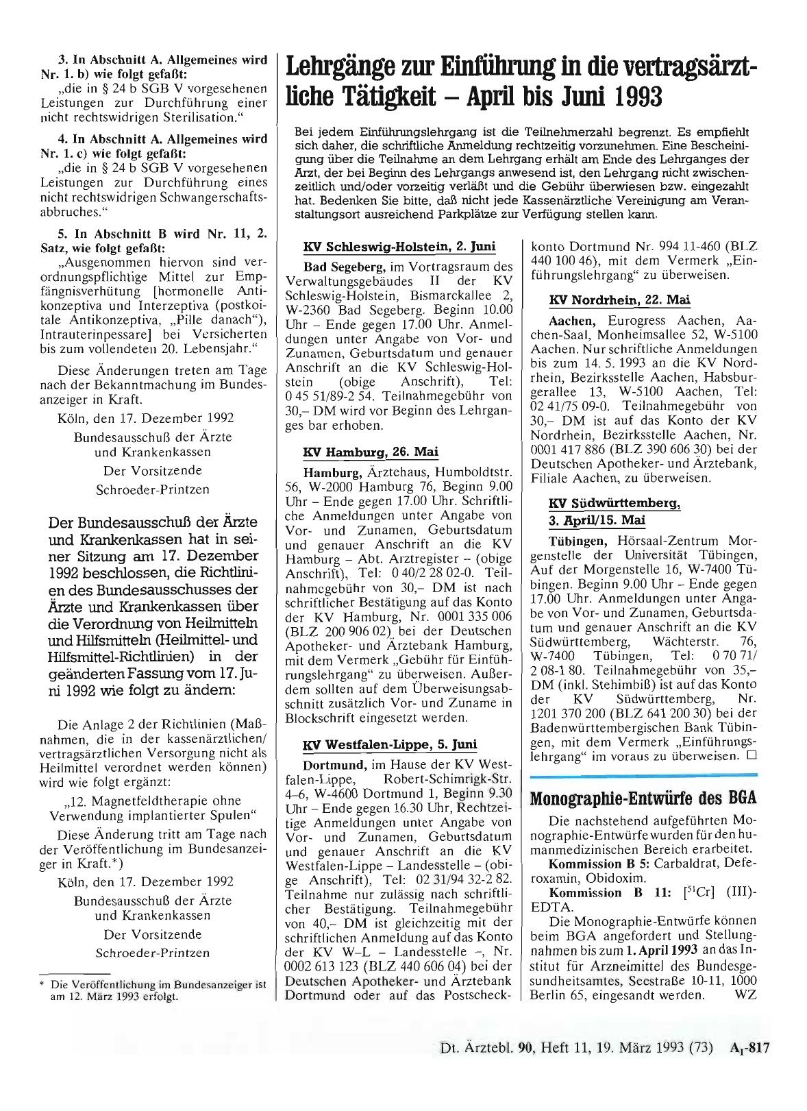 Vorschauseite 1: Lehrgänge zur Einführung in die vertragsärztliche Tätigkeit — April bis Juni 1993