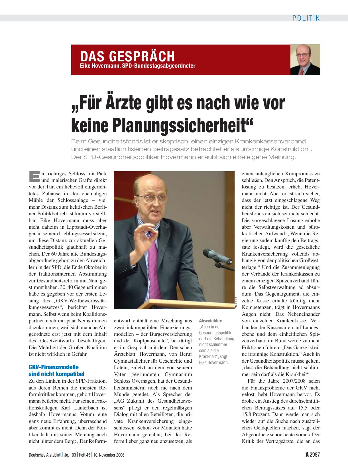 Vorschauseite 1: Das Gespräch – Eike Hovermann, SPD-Bundestagsabgeordneter: „Für Ärzte gibt es nach wie vor keine Planungssicherheit“