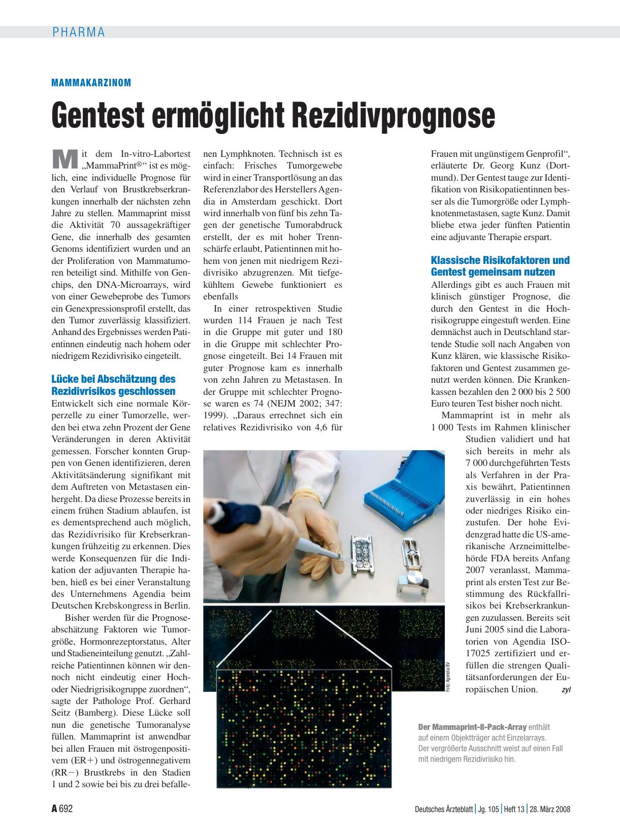 Vorschauseite 1: Mammakarzinom: Gentest ermöglicht Rezidivprognose