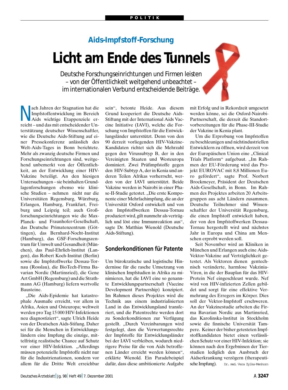 Vorschauseite 1: Aids-Impfstoff-Forschung: Licht am Ende des Tunnels