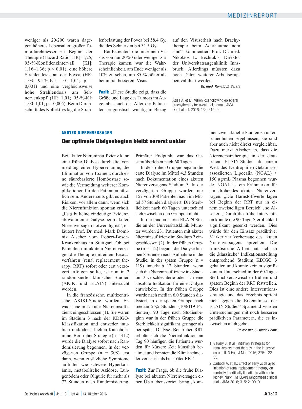 Vorschauseite 1: Akutes Nierenversagen: Der optimale Dialysebeginn bleibt vorerst unklar