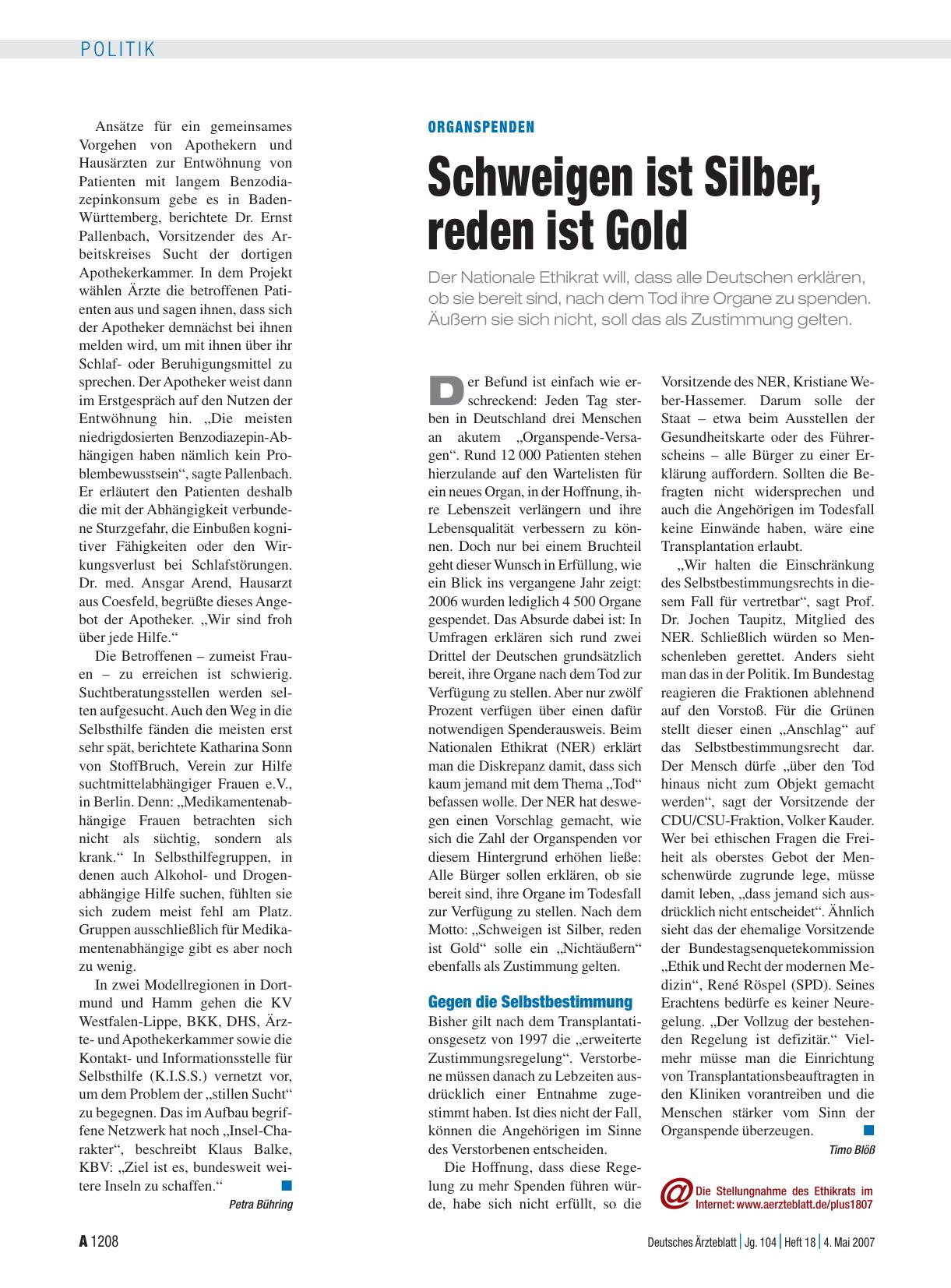 Vorschauseite 1: Organspenden: Schweigen ist Silber, reden ist Gold
