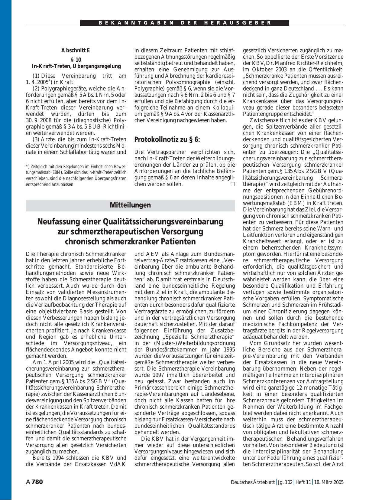 Vorschauseite 1: Mitteilungen: Neufassung einer Qualitätssicherungsvereinbarung zur schmerztherapeutischen Versorgung chronisch schmerzkranker Patienten