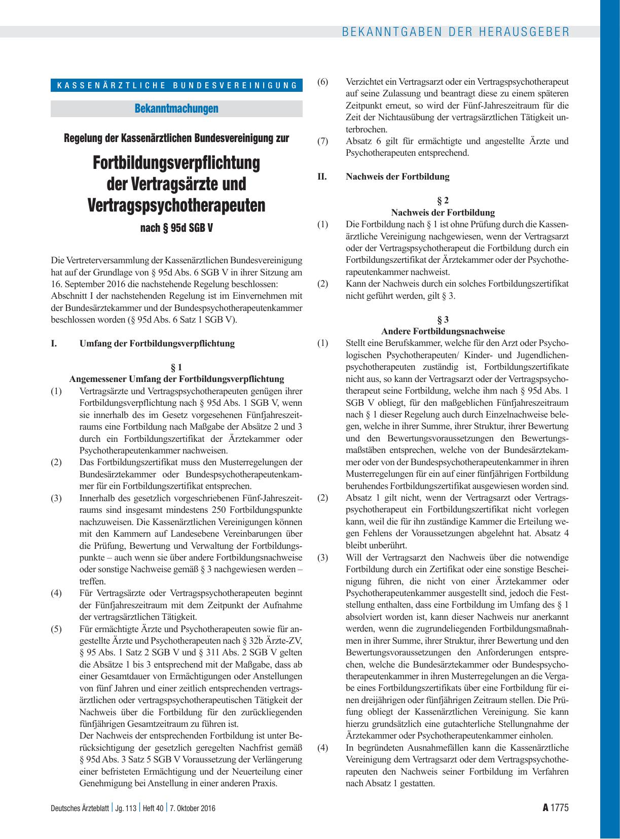 Vorschauseite 1: Regelung der Kassenärztlichen Bundesvereinigung zur Fortbildungsverpflichtung der Vertragsärzte und Vertragspsychotherapeuten nach § 95d SGB V