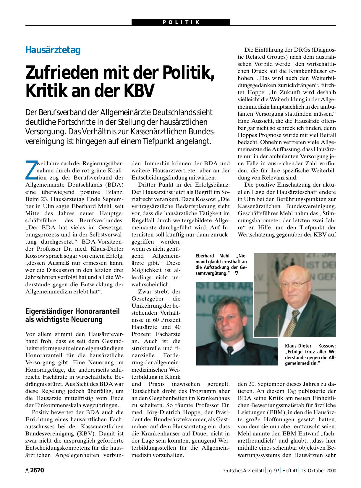 Vorschauseite 1: Hausärztetag: Zufrieden mit der Politik, Kritik an der KBV