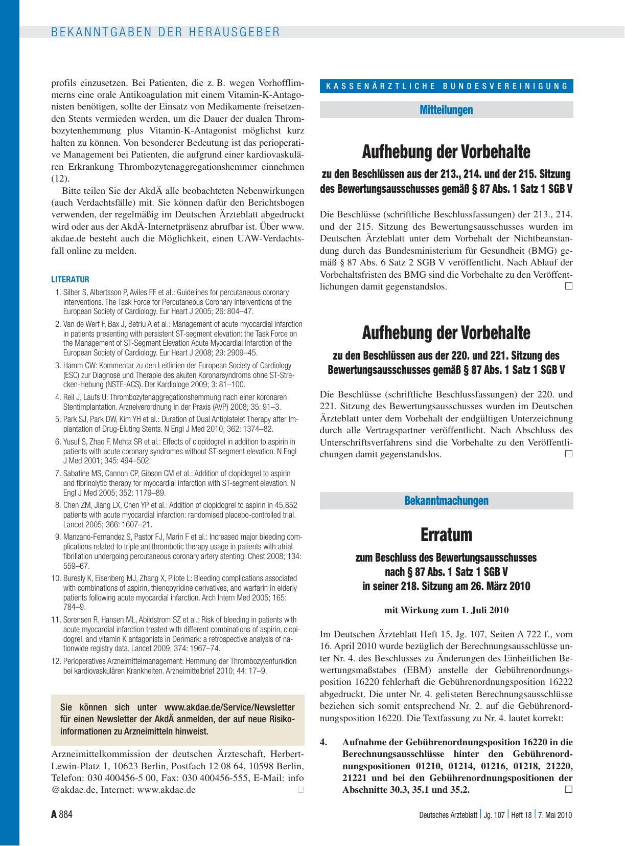 Vorschauseite 1: Aufhebung der Vorbehalte zu den Beschlüssen aus der 213. , 214. und der 215. Sitzung des Bewertungsausschusses gemäß § 87 Abs. 1 Satz 1 SGB V
