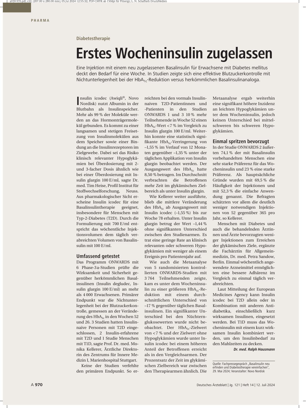 Vorschauseite 1: Diabetestherapie: Erstes Wocheninsulin zugelassen