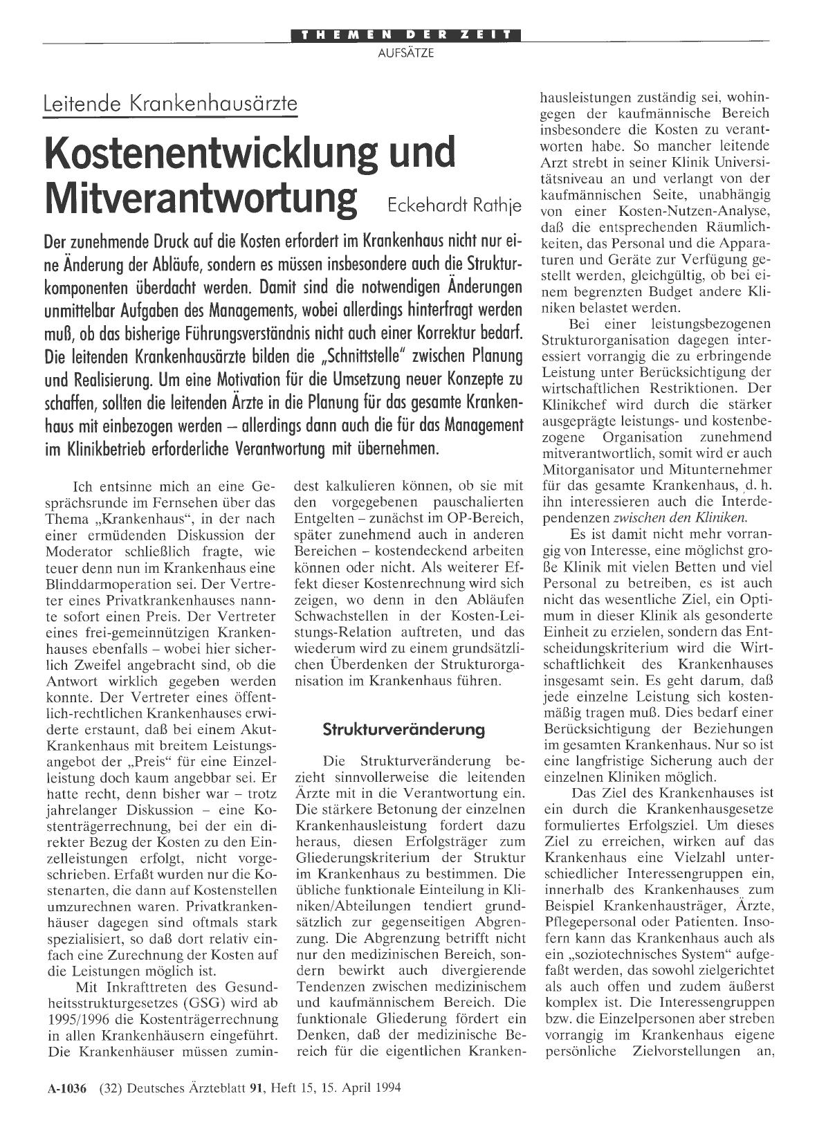 Vorschauseite 1: Leitende Krankenhausärzte Kostenentwicklung und Mitverantwortung