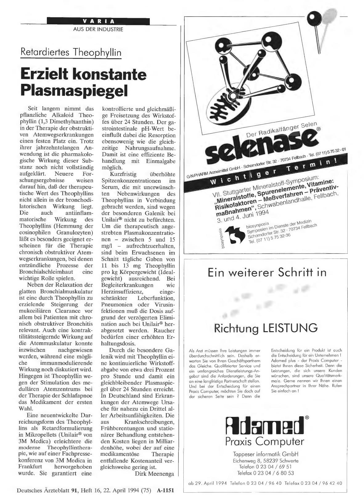 Vorschauseite 1: Retardiertes Theophyllin: Erzielt konstante Plasmaspiegel
