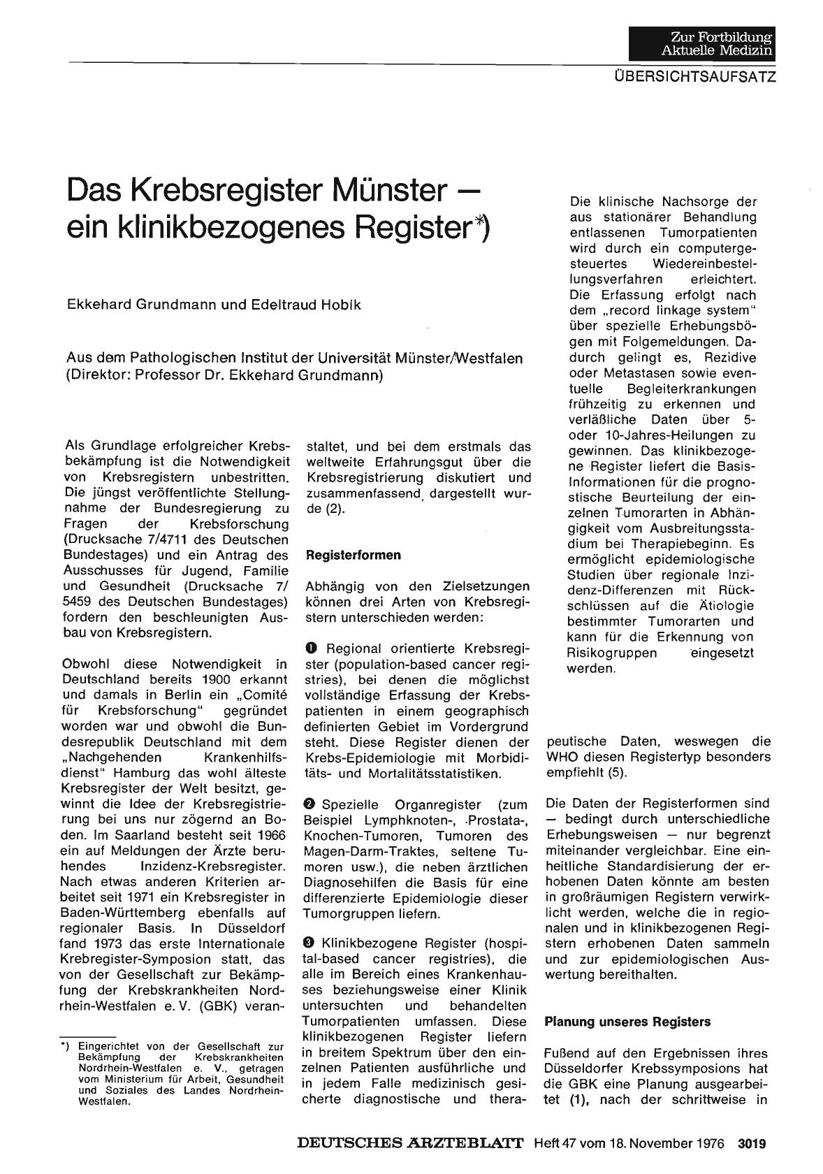 Vorschauseite 1: Das Krebsregister Münster - ein klinikbezogenes Register