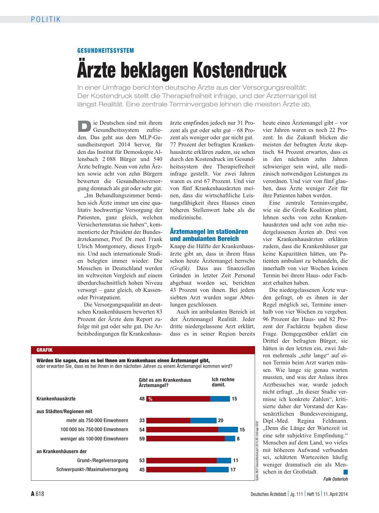 Vorschauseite 1: Gesundheitssystem: Ärzte beklagen Kostendruck