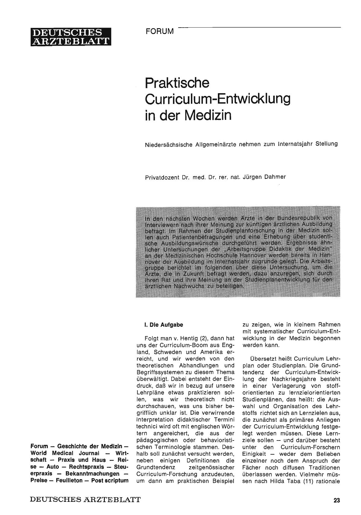 Vorschauseite 1: Praktische Curriculum-Entwicklung in der Medizin: Niedersächsische Allgemeinärzte nehmen zum Internatsjahr Stellung