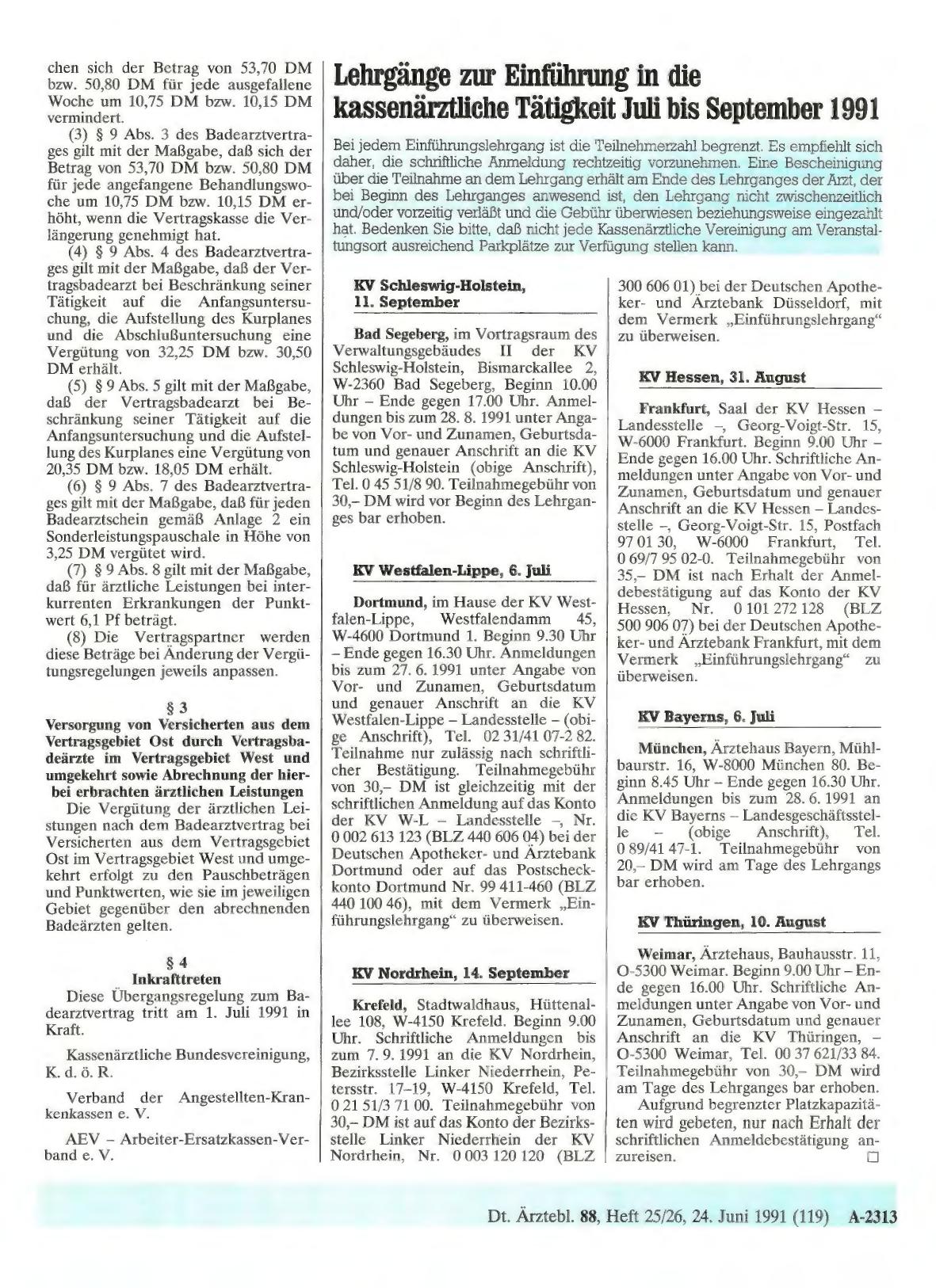 Vorschauseite 1: Lehrgänge zur Einführung in die kassenärztliche Tätigkeit Juli bis September 1991
