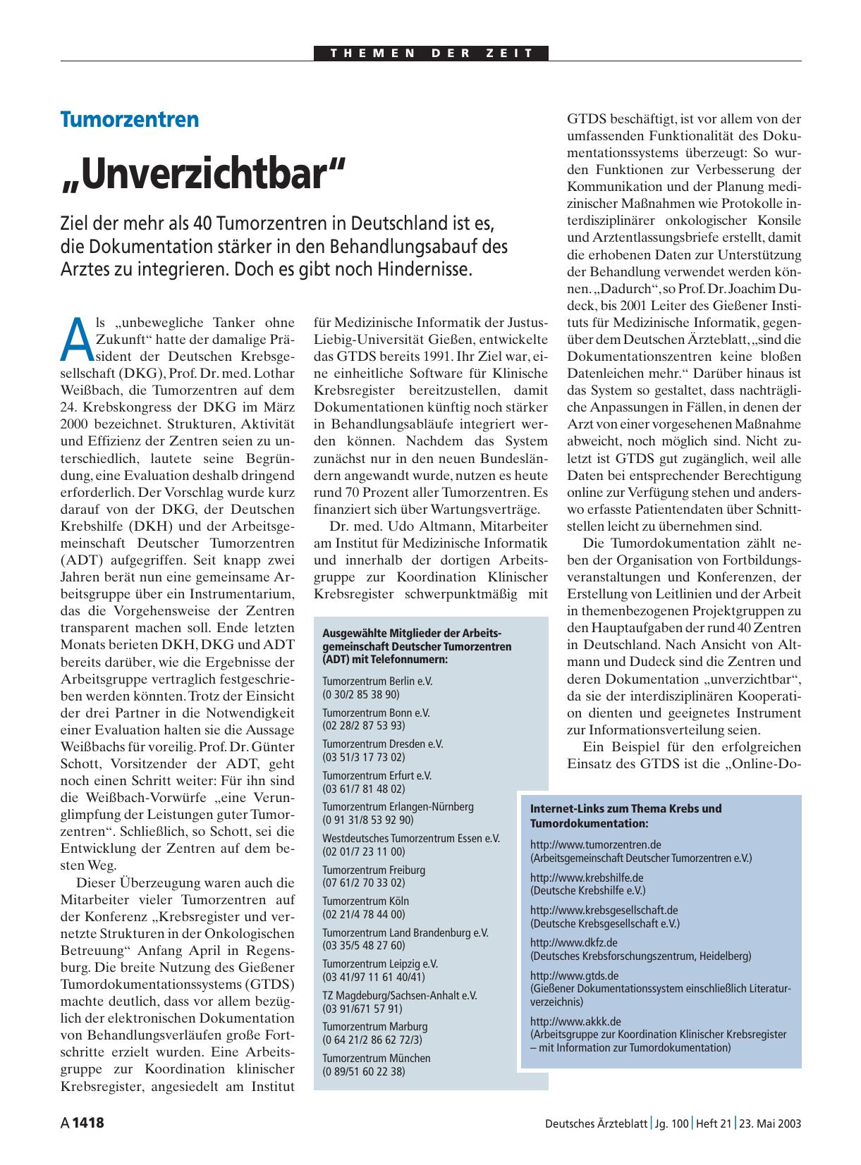 Vorschauseite 1: Tumorzentren: „Unverzichtbar“