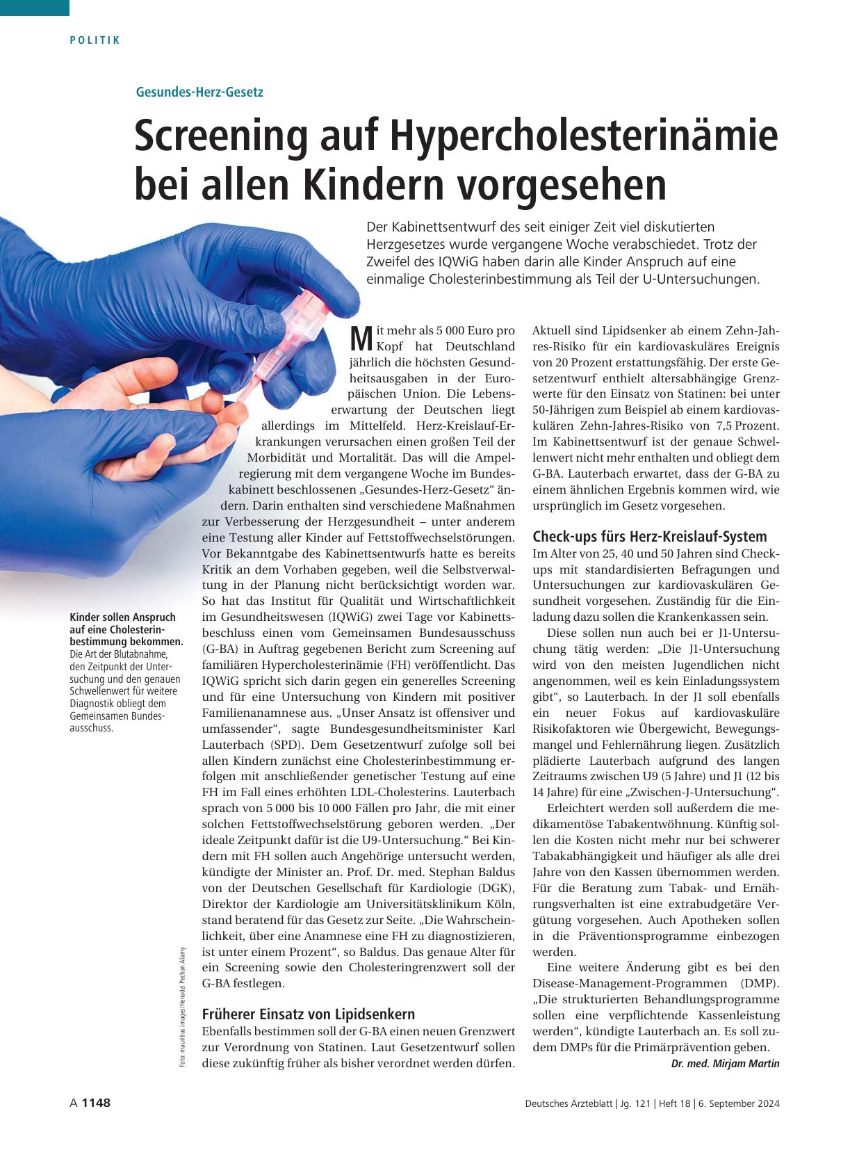 Vorschauseite 1: Gesundheits-Herz-Gesetz: Screening auf Hypercholesterinämie bei allen Kindern vorgesehen