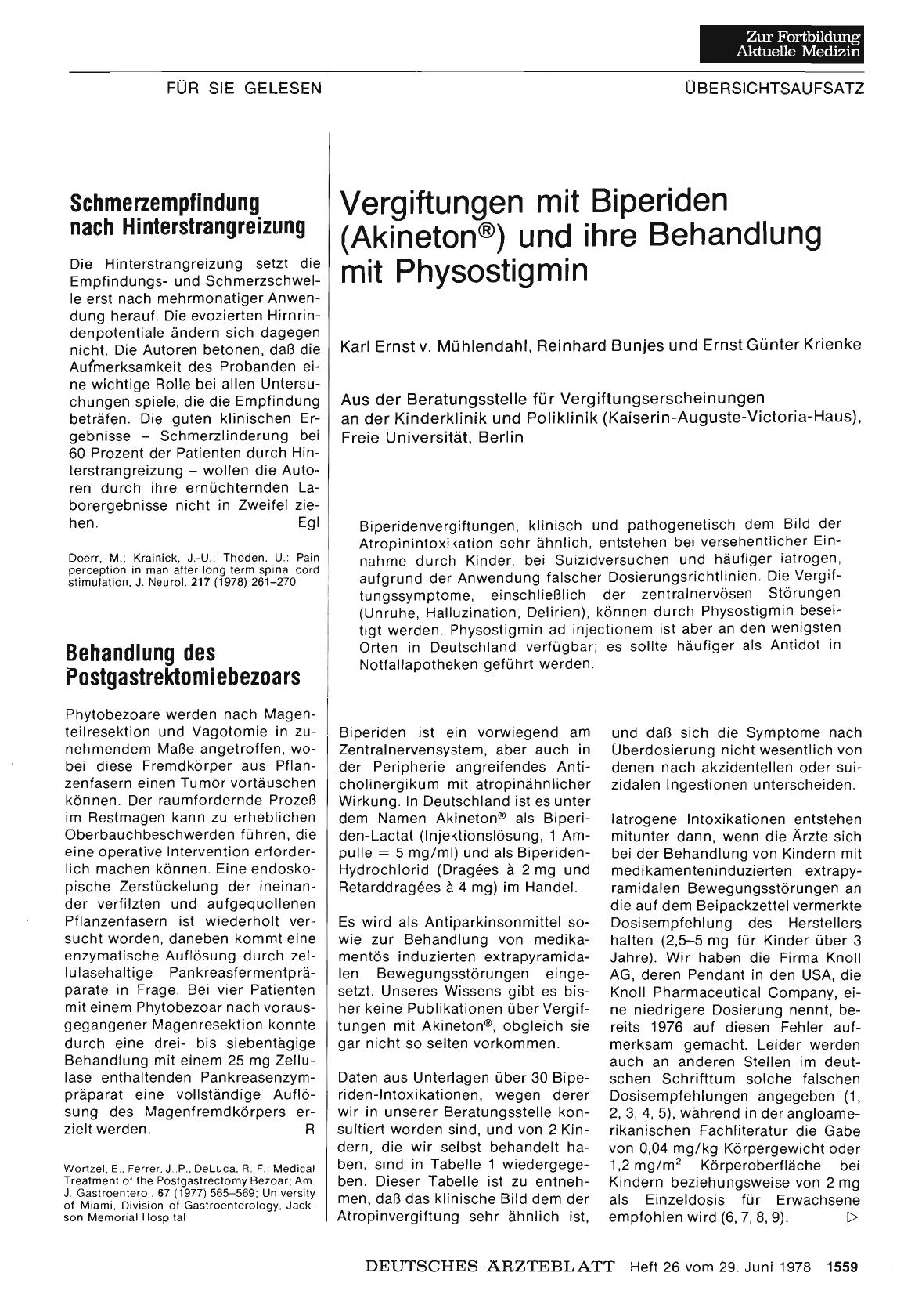 Vorschauseite 1: Vergiftungen mit Biperiden (Akineton®) und ihre Behandlung mit Physostigmin