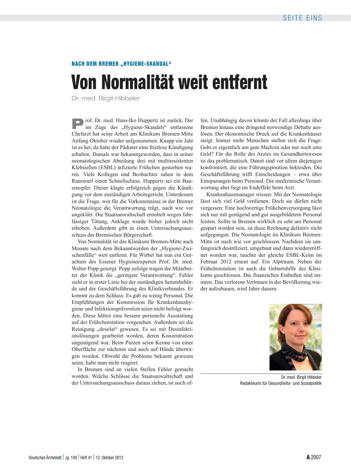 Vorschauseite 1: Nach dem Bremer „Hygiene-Skandal“: Von Normalität weit entfernt