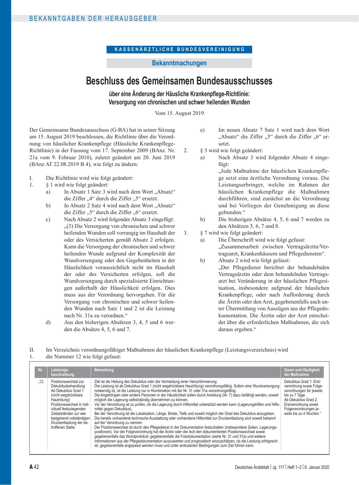 Vorschauseite 1: Beschluss des Gemeinsamen Bundesausschusses über eine Änderung der Häusliche Krankenpflege-Richtlinie: Versorgung von chronischen und schwer heilenden Wunden