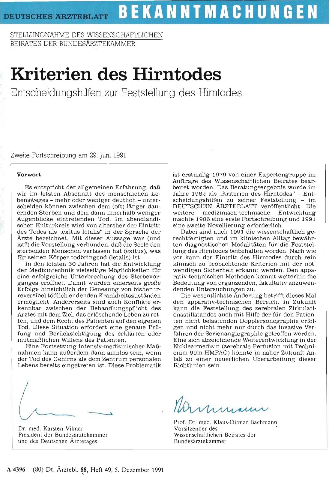 Vorschauseite 1: STELLUNGNAHME DES WISSENSCHAFTLICHEN BEIRATES DER BUNDESÄRZTEKAMMER: Kriterien des Hirntodes - Entscheidungshilfen zur Feststellung des Hirntodes